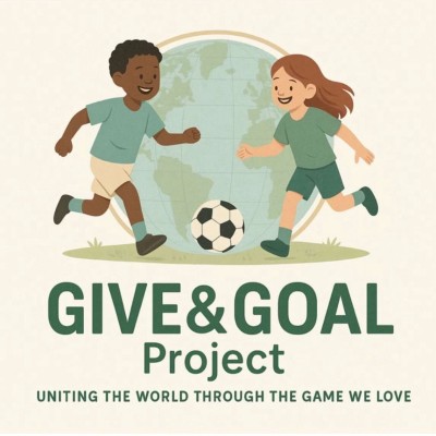 Give & Goal Project logo: two children playing soccer in front of a globe. Uniting the world through the game we love.